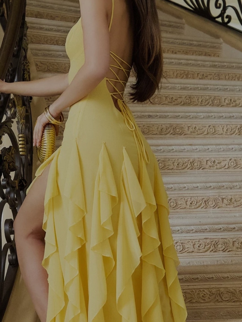 Elegant Yellow Ruffle Backless Dress